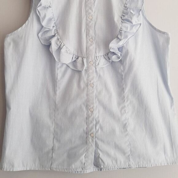 NAF NAF France Ruffle Bib Collar Sleeveless Button Down Stripped Blouse Sz L - Picture 3 of 11